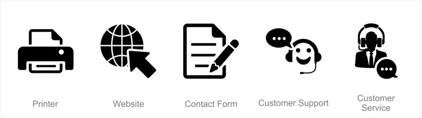 A set of 5 Contact icons as printer, website, contact form