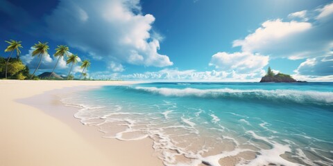 beautiful sandy beach with blue water and sky and bright sunshine