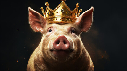 Pig with a king crown on studio background