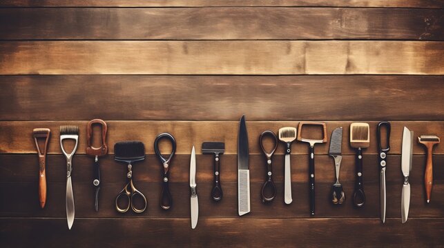 Vintage barber shop tools on wood background with place for text