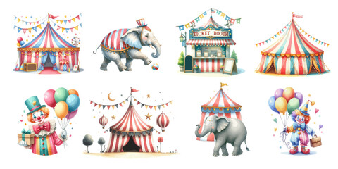 Watercolor circus decorative icons set with elephant clown and circus tent isolated vector.