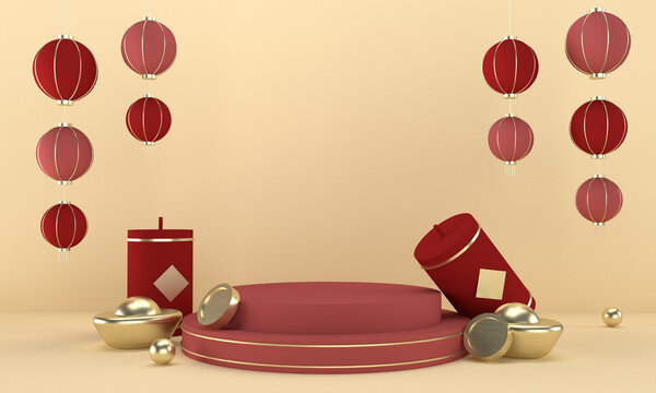 3D chinese background with product podium and lantern.