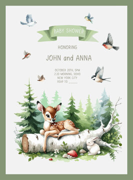Cute baby shower watercolor invitation card with Baby Bambi in a fairytale watercolor forest.