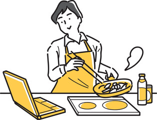 ノートパソコンを見ながら料理を作る男性