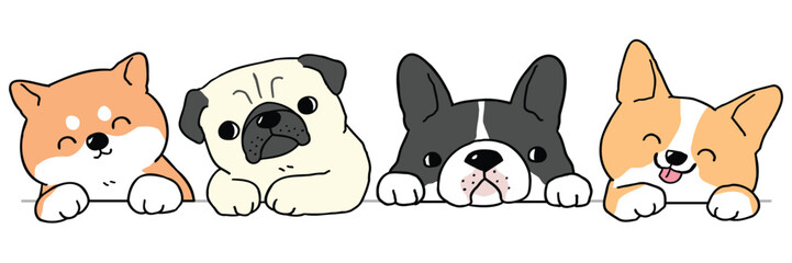 Vector Illustration of Cute Cartoon Shiba Inu, Pug, French Bulldog and Corgi Dog Head Characters on Isolated Background