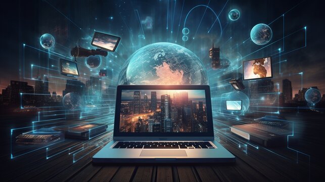 Connected World: Illustration of Global Internet Technology Concept with Diverse Devices and People Engaging Online