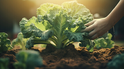 hand of farm worker is planting broccoli, organic product from farmer - obrazy, fototapety, plakaty