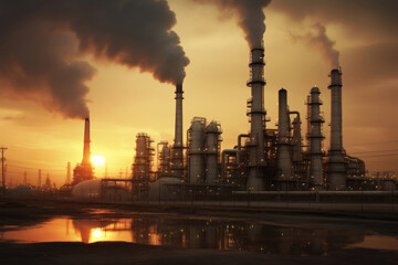 Efficient Industry - An oil refinery enveloped in dense mist of the technological process