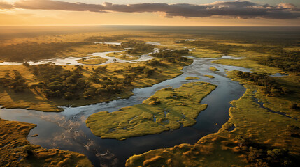 Aerial view of the Okavango Delta:
Intricate network of waterways and lush green islands.