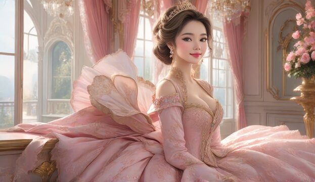 extremely detailed illustration of a cute adult princess extremely pale with rosy cheecks looking happy