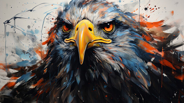 Majestic eagle, vibrant and dynamic. Closeup view, adorned with vivid painting strokes. A symbol of freedom and power, perfect for decor, prints and creative expressions. Against an abstract backdrop