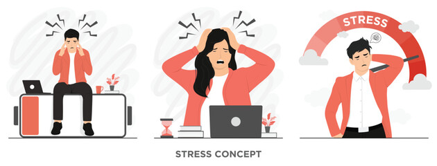Flat vector woman stress working headache concept illustration