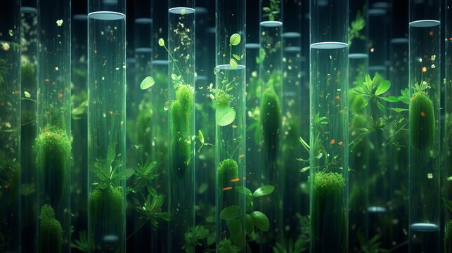 Vibrant Green Botanicals: Array of Plants in Laboratory Test Tubes - Scientific Botany Concept