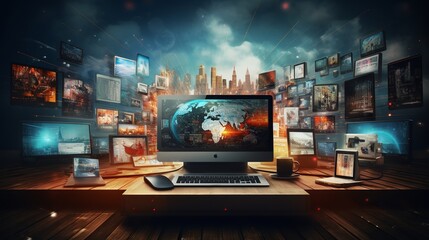 Fototapeta na wymiar Global Connectivity: Modern Technology Integration Across Media Platforms