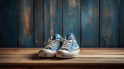 Sneakers on wooden table