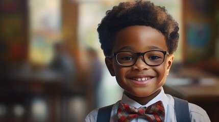 Young boy dressed for school with bow tie and glasses. Education and fashion.