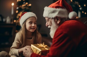 Fototapeta na wymiar Happy little girl taking gift from Santa. Wintertime holidays presents and surprises occasion. Generate ai