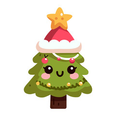cute winter Christmas tree decorated with Santa top hat, and ball in cartoon flat style. Merry Christmas and Happy New Year. Vector illustration isolated.
