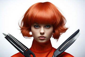 102012 Coiffure tool comb brush hairbrush chisel scissors wick hair hairstylist beauty fashion female care salon - obrazy, fototapety, plakaty