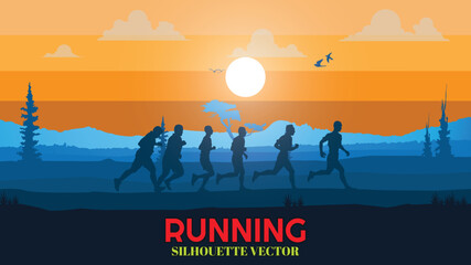 Running silhouettes. Vector illustration, Trail Running, Marathon runner.	