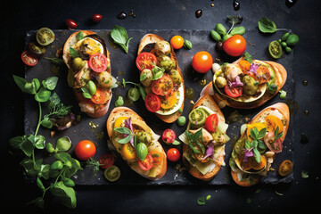 set of different bruschettas with prosciutto, salmon, tomatoes and avocado on a dark background. view from above
