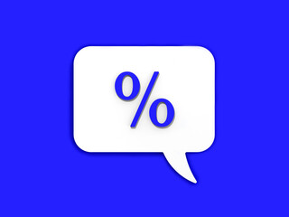 Blue percent sign on white message board. Interest withdrawal signal. Discount notifications. Message on a blue background. Horizontal image. 3D image. 3D rendering.