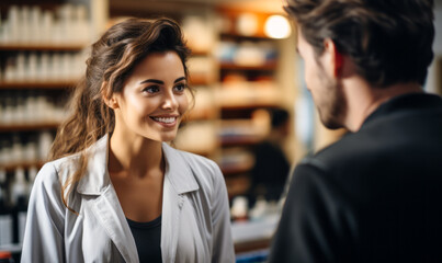Friendly female pharmacist consulting with a male customer at a modern pharmacy with shelves of products in the background - obrazy, fototapety, plakaty