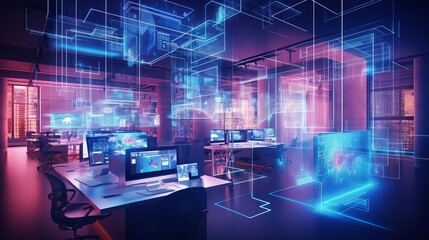 Vibrant Cyberpunk Office Interior with Information Technology Overlay, Corporate Strategy Concept in Blurred Background, Brown Tones