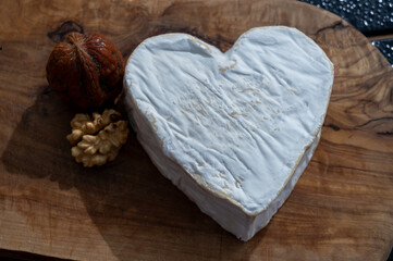Cheese collection, French cheese from Normandy region, heart-shaped neufchatel close up