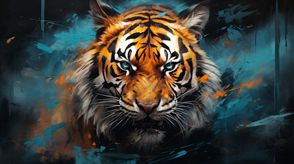 Wild tiger, vibrant and expressive painting. Colorful, energetic and nature-inspired art for decor, prints and creative expressions. On a dynamic canvas with a touch of untamed beauty.
