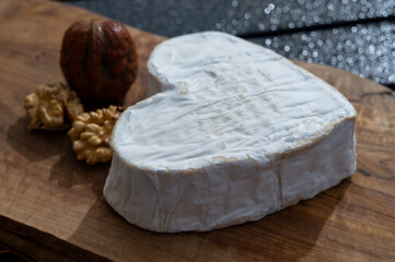 Cheese collection, French cheese from Normandy region, heart-shaped neufchatel close up