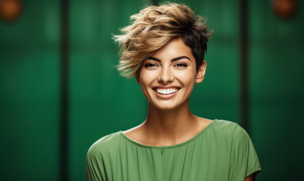 Charming and cheerful woman with a pixie haircut in a green blouse on a matching background, smiling brightly showcasing her modern style and happiness