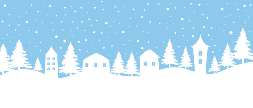 Christmas background. Winter village. Winter landscape with houses and fir trees.