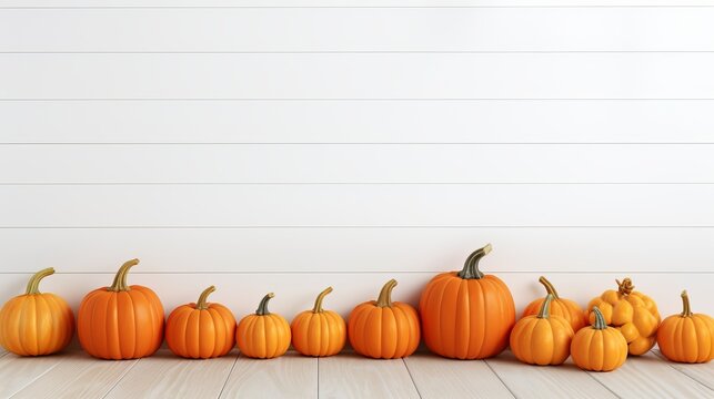 Vibrant Orange Halloween Pumpkins on White Planks, Festive Holiday Decoration Crafted with Generative Art - Powered by Adobe