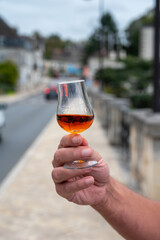 Tasting of cognac alcohol drink and view on old streets and houses in town Cognac, Grand Champagne,...