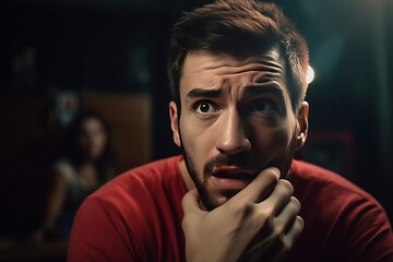 Handsome man 30 years old troubled face. Guy with beard in thoughtful amazed position. Generate ai