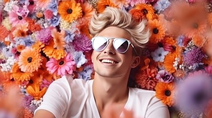 Fashionable blonde boy in sunglasses on a background of flowers, AI