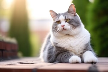 Whiskers and sunshine. Cute grey tabby cat enjoying lazy afternoon in meadow. Adorable feline rests on green lawn basking in warmth of sunlight