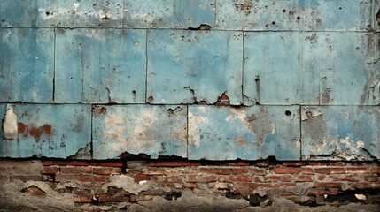 Time-Worn Textures on Faded Blue Metal and Exposed Red Brick Industrial Backdrop