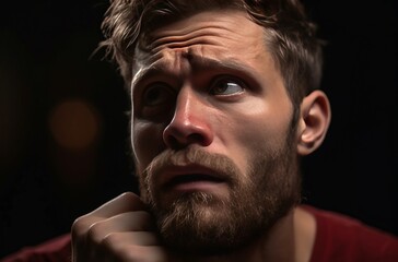 Handsome man 30 years old confused face. Mature bearded guy with puzzled facial expression. Generate ai