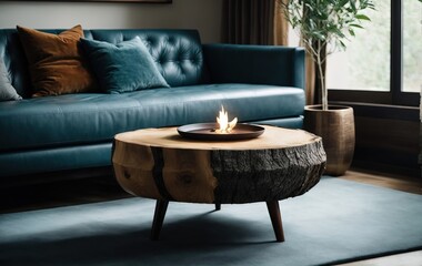 Room features a minimalist design with a tree trunk coffee table near a blue leather tufted sofa by the fireplace