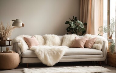 cozy sofa with a fluffy white sheepskin throw and pillows, creating a perfect spot for relaxation. The hygge-inspired Scandinavian design adds warmth and invites comfort