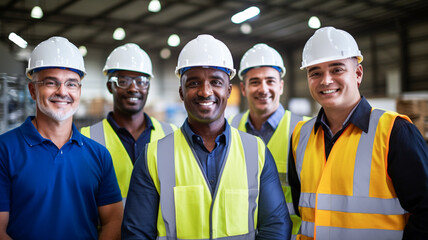 Portrait group of multicultural industry workers working in factory warehouse.
