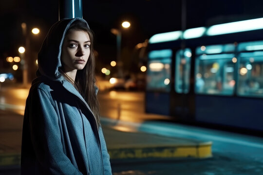 Young woman alone on a bus stob at evening