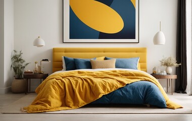 Modern beadroom features a yellow bed with blue pillows and a matching blanket, against a pristine white wall with an abstract art poster