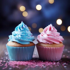 Gender party. boy or girl. two cupcakes with blue and pink cream, celebration concept when the gender of the child becomes known
