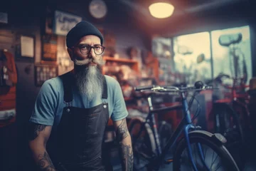 Foto auf Acrylglas Bearded man in bicycle service market. Mechanic expert in repairing and maintenance cycle store. Generate ai © nsit0108