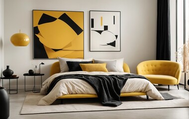 Modern beadroom features a yellow bed with black pillows and a matching blanket, against a pristine white wall with an abstract art poster 
