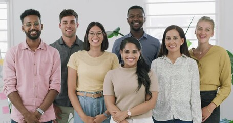Collaboration, smile and diversity with a business team in the office of their design agency together. Portrait, trust or creative with an employee group of men and woman united in their workplace