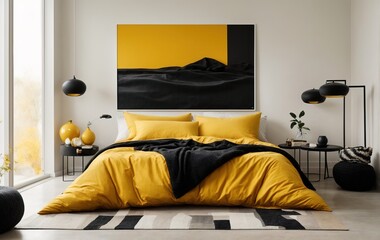 Modern beadroom features a yellow bed with black pillows and a matching blanket, against a pristine white wall with an abstract art poster 